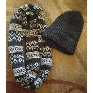 Gray/ White/ Black Fair Isle Knit Infinity Scarf & Taboggan Beanie Hat Ski Snow